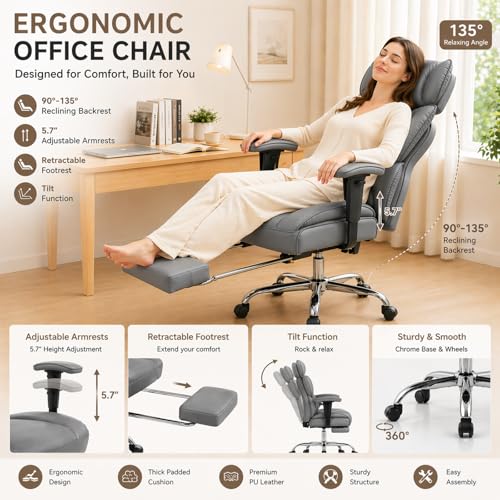Image of Big and Tall Office Chair 350 LBS, Scratch-Resistant PU Leather Executive Office Desk Chair with Footrest, Ergonomic Reclining Computer Chair with Pocket Spring Support for Home Office, Grey