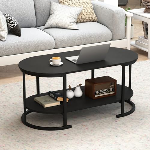 COSTWAY 2-Tier Wooden Oval Coffee Table with Open Storage, Black