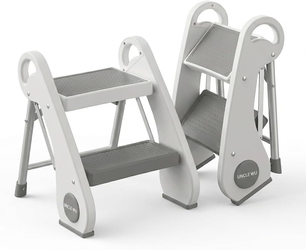 UNCLE WU Foldable Step Stool for Toddlers (10.6" High) - Portable Mini 2-Step Steel Frame Stool for Bathroom Sink, Potty Training & Kitchen - Anti-Slip, Space Saving Travel Size, Supports 200lbs