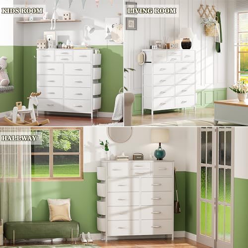 Lulive Dresser for Bedroom with 12 Drawers, Tall Dresser Chest of Drawers with Side Pockets and Hooks, Fabric Dresser Storage Tower for Closet, Hallway, Living Room (White)