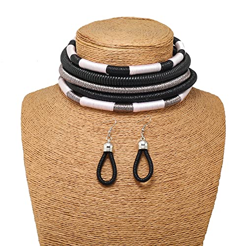 Colorful Layered Choker Necklace And Earrings Set For Women Girls,African Ethnic Woven Collar Necklace Tribal Earrings,Statement Jewelry Gifts #TOP4