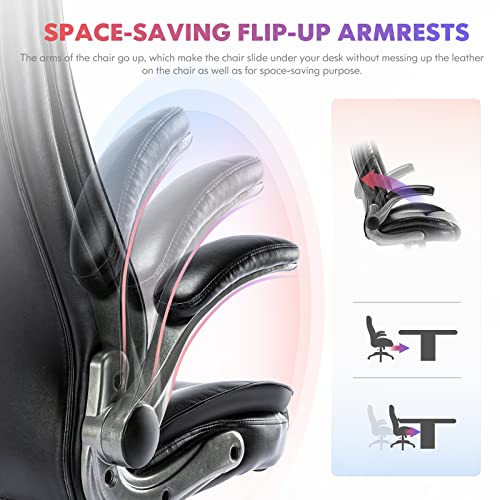 High Back Executive Office Chair 300Lbs-Ergonomic Leather Computer Desk Chair With Flip-Up Armrest, Thick Bonded Leather Office Chair For Comfort And Lumbar Support, Adjustable Rock Back Tension-Black #TOP4