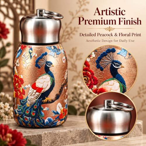 Image of Small Water Bottle 300ml, Mini Stainless Steel Drinking Bottle with Leak-Resistant Lid and Keyring, Compact Reusable Bottle for Office, School, College, Travel, Gold Peacock