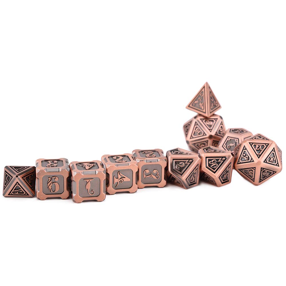 Fantasydice Lot de 11 dés polyédriques en métal motif dragon cuivré pour D&D, DND, Shadowrun, Pathfinder, Warhammer, Call of Cthulhu et plus encore