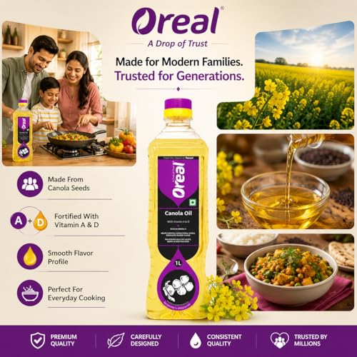 Image of Oreal Premium Pure Canola Oil, 1 Litre for Cooking | Natural | Chemical-Free | Healthiest Cooking Oil | Rich in Omega-3 and Omega-6 | Improve in Metabolisms & Keeps Active | Preservative Free Suitable for all Ages