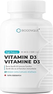 BIOGENIQUE Naturals Vitamin D3 1000 IU, For Healthy Bones and teeth, Maintenance of Good Health, 60 vitamin D3 capsules Helps Prevent Vitamin D Deficiency - Non-GMO, Gluten and Diary Free