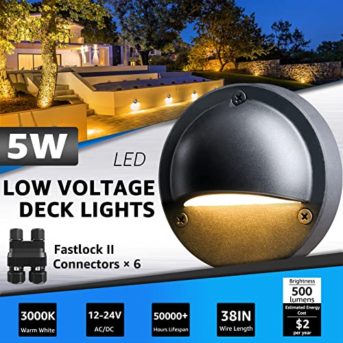 Image of SUNVIE 5W LED Low Voltage Deck Lights, 12-24V Step Lights Outdoor with Fastlock2 Wire Connectors, Low Voltage Landscape Lighting 3000K Warm White Deck Stair Light Waterproof for Fence Post, 6 Pack