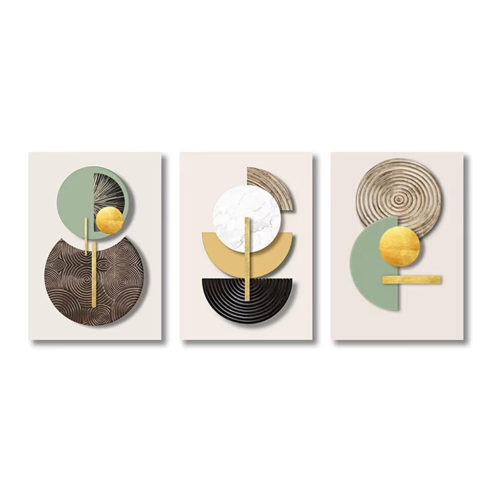 AEFOUU 3Pcs Golden Green Abstract Circle Geometric Art Canvas Painting Poster and Print Mural Wall Picture Modern Home Decor(30x42cm/12x17in/Frameless)