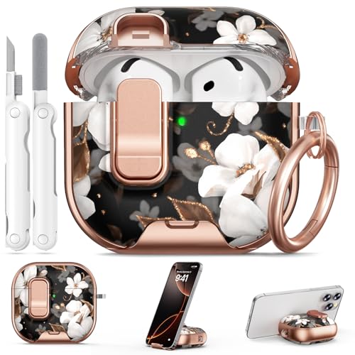 Image of for AirPods 4 Case, with Safty Lock & Phone Stand for Floral AirPods 4th Generation Case Cover for Women Girly, iPod 4 Case with Keychain & Cleaner Kit - Black Gold Flower