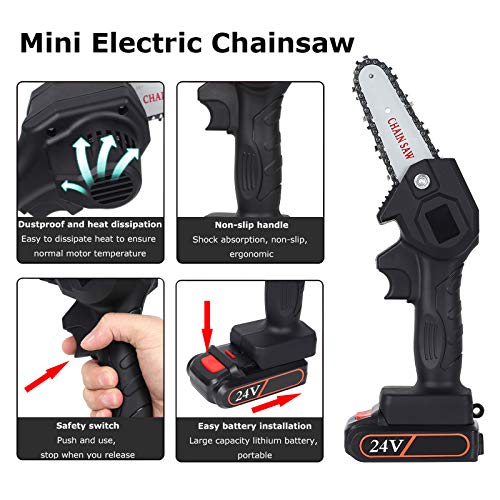 Greatby Mini Chainsaw Cordless Electric Handheld Rechargeable Battery Chainsaw 4-Inch 24V Portable One-Hand 0.7kg, Pruning Shears Chainsaw for Tree Branch Wood Cutting (Black)