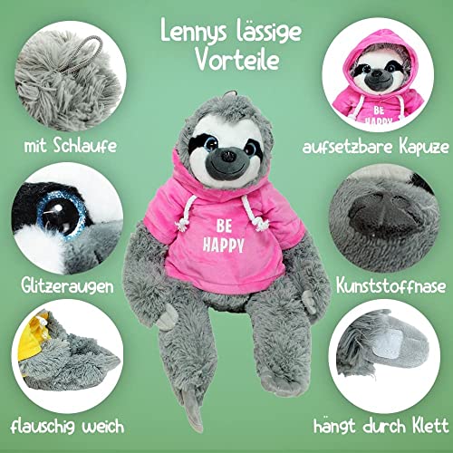BEMIRO Faultier Kuscheltier rosa mit Pullover Be Happy - ca. 50 cm, Faultier Kuscheltier mit Pulli, Kletthände zum anhängen, Plüschtier Faultier mit Hoodie