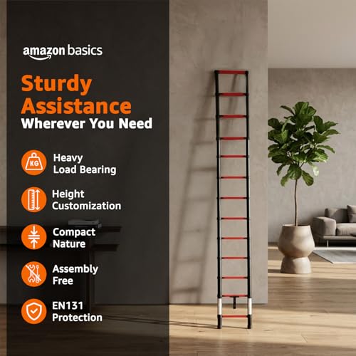Image of Amazon Basics 3.8 m (12.46 ft) Compact Alloy Steel Telescopic Ladder | 13-Step Extendable Foldable Ladder | Portable Multipurpose Step Ladder