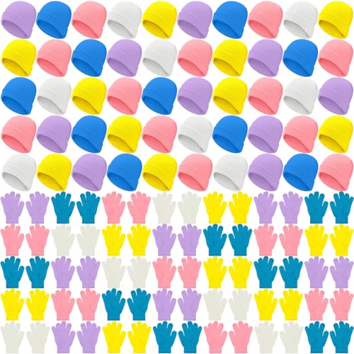 Image of Xtinmee 100 Pcs Kids Winter Beanie and Gloves Bulk Warm Knit Hat Stretchy Full Fingers Gloves Pack Unisex Cold Weather Set