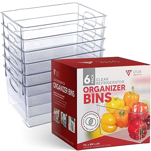Image of Clear Refrigerator Organizer Bins - Plastic Fridge Organizers - Storage Containers for Organizing Pantry, Cupboard, Cabinet, Freezer, Food, Fruit, Kitchen, Bathroom - Refrigerator Storage Bin set of 6
