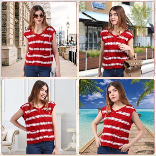Image of PARTTELY Sweater Vest Women Casual Sleeveless Crochet Tops Color Block Tie Back Knit Tank Tops with Pockets