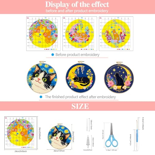 Image of Zhenqing Night Sky Cats Cross Stitch Kit - 3-Piece Set with Pre-Printed 11CT 24x24cm Fabric, Hoop & Tools, Starry Night Theme for Beginners (70413)