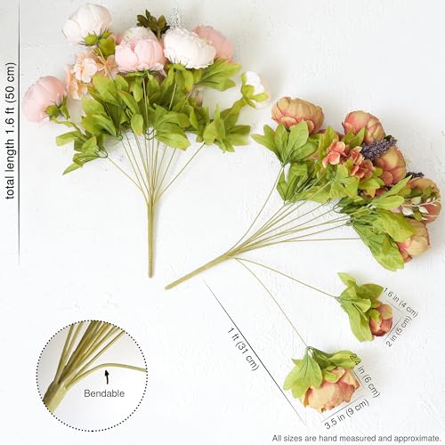 Image of FiveSeasonStuff Artificial Peony Bouquets, 2 Silk Flower Bundles in Mixed Pale Pink & Tawny Brown with Hydrangeas for Wedding Centerpieces & Home Decor