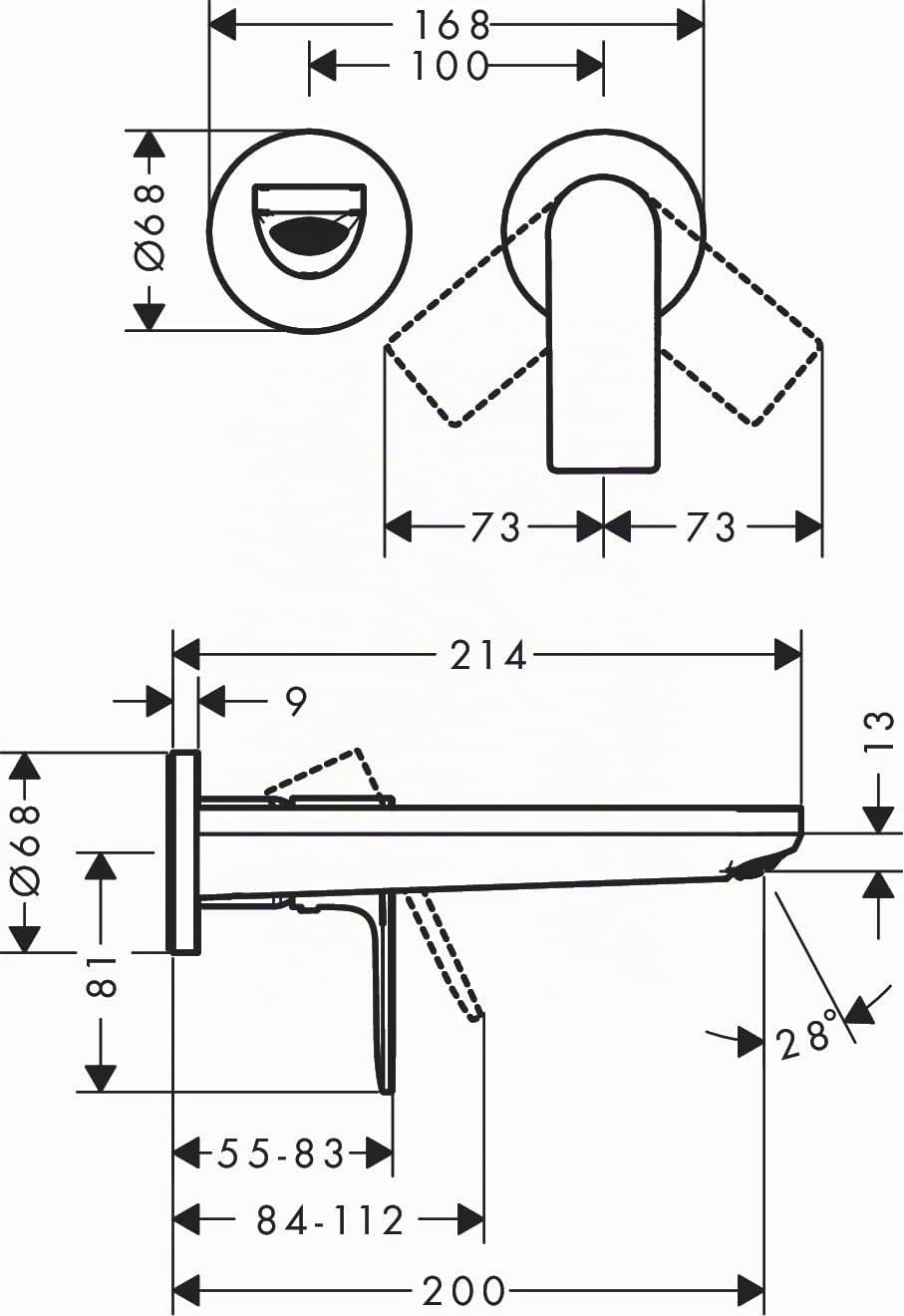 hansgrohe Rebris E - Mitigeur lavabo encastré avec garniture de vidage, Robinet de salle de bain avec longueur sous bec 20 cm, économie d'eau (EcoSmart), Noir mat, 72568670