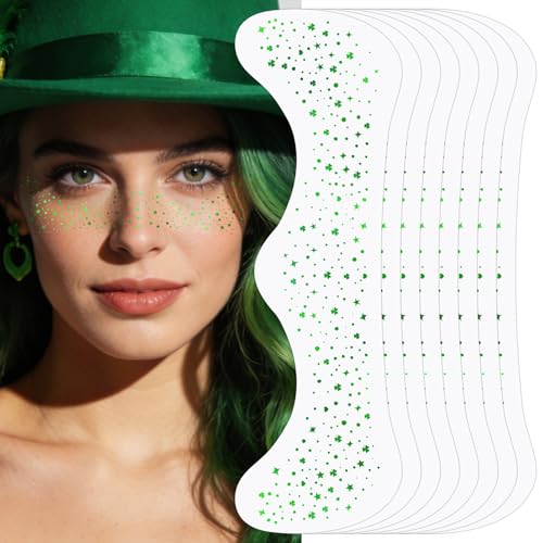 8Pcs St Patricks Day Face Makeup Patches Green Glitter Freckles Face Tattoo for Teenagers & Young Women Sparkle Freckles Makeup Patches Waterproof Face Glitter Freckles (8Pcs Green)