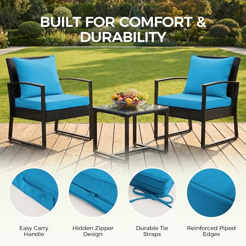 Image of UNIKOME 22 inchx22 inchx3 inch Outdoor Chair Cushions Set - Waterproof Patio Cushions for Outdoor Furniture with Removable Cover, Ties & Handle, Deep Seat Patio Cushions for Sofa Couch - Light Blue