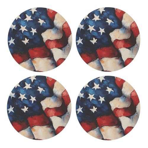BoltPack Posavasos redondos con diseño de bandera estadounidense con base de corcho, juego de 4 posavasos, alfombrilla de protección de mesa para tazas y tazas