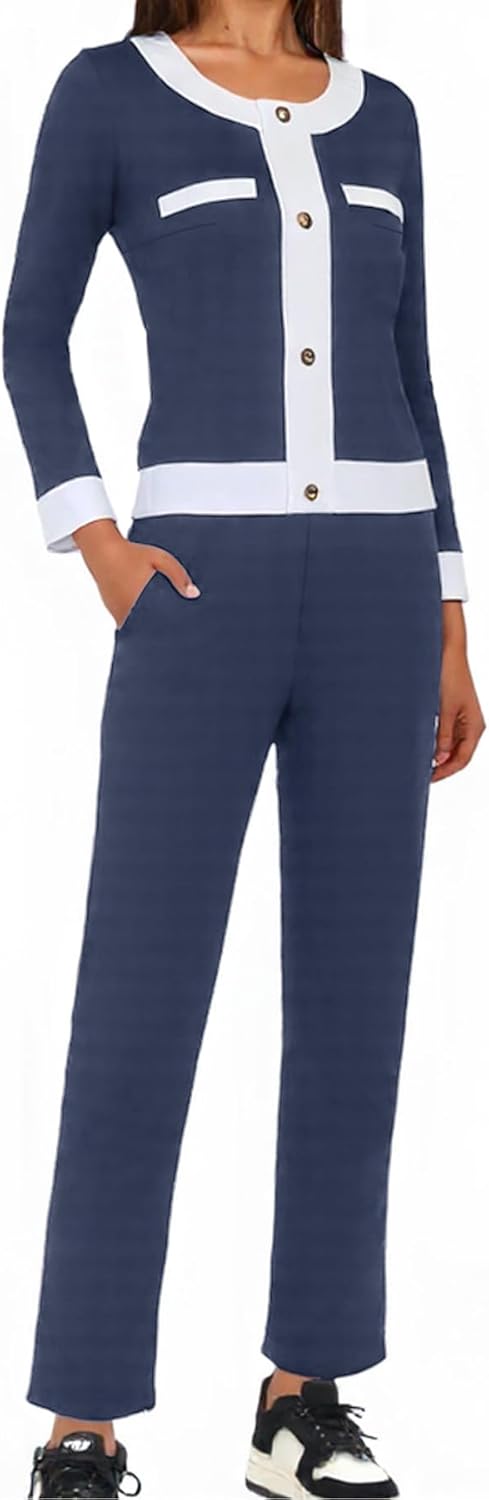 Women Fall 2 Piece Outfits Set, Color Block Ladies Elegant Stretchy Cozy Top Loose Fit Wide Leg Lounge Pant Sets - Image 2