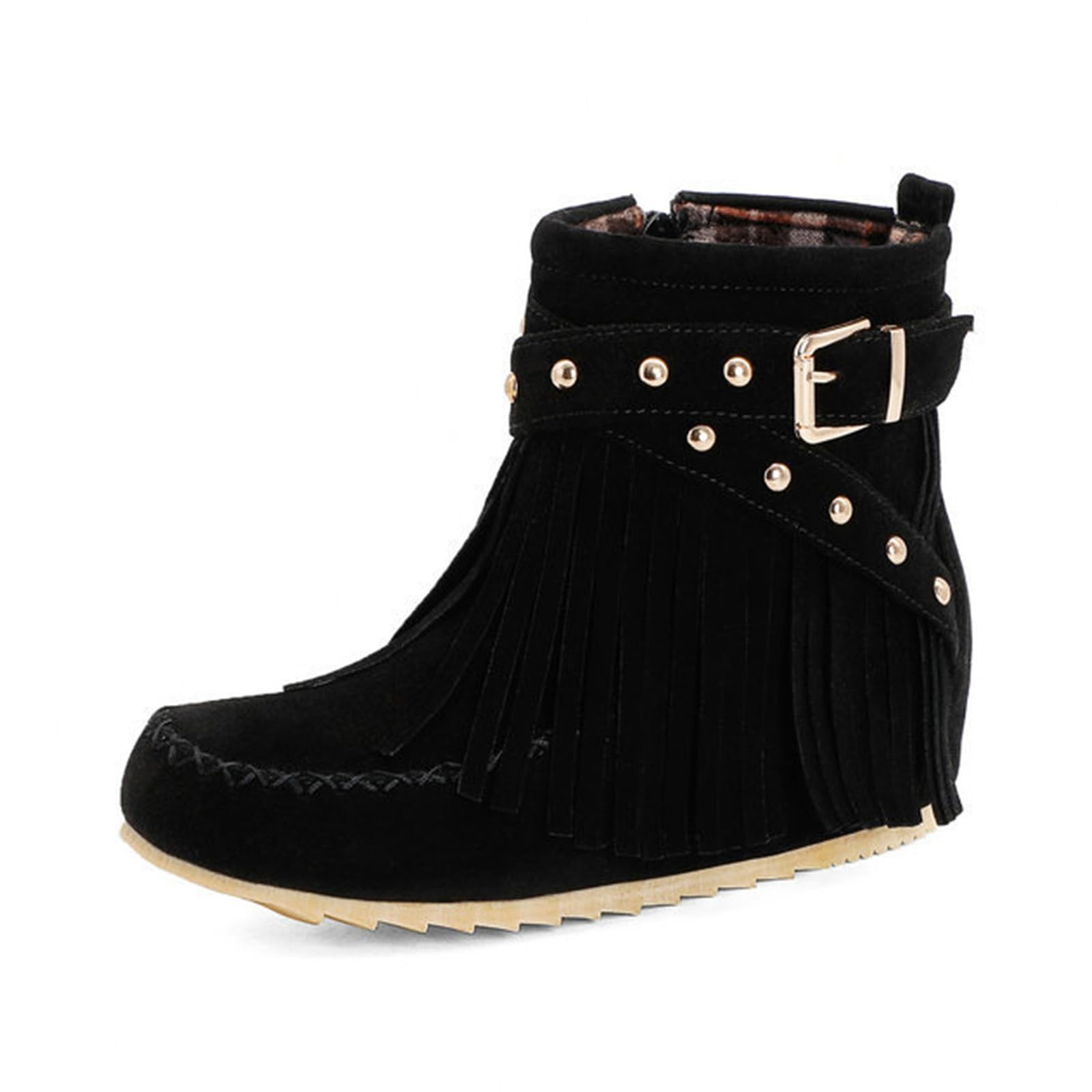 Womens Fringe Suede Mid Calf Boots Round Toe Classic Tassel Cowboys Flat Booties Fashion Retro Casual Winter Low