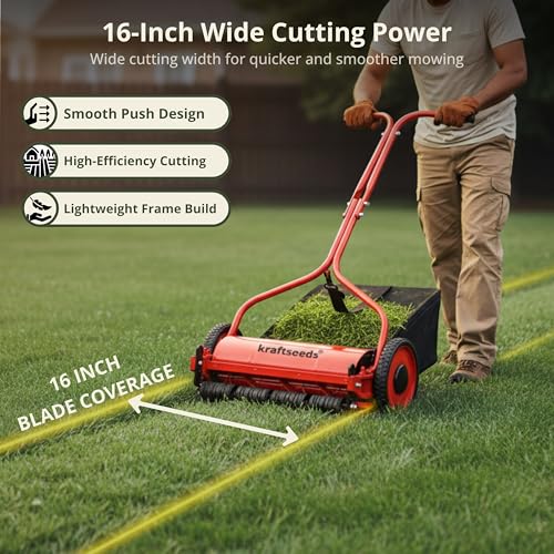 Image of Kraft Seeds 16 Inch Manual Lawn Mower Grass Cutting Machine, 6 Blade Push Reel Mower with Height Adjustable Eco Friendly Garden Grass Cutter Machine