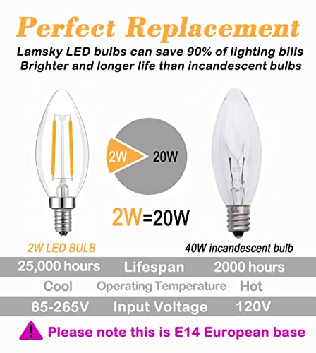 Lamsky E14 European Screw Base Led Filament C35 Shape Bullet Top,2W Warm White 2700K, 20-Watt Incandescent Equivalent, No-Dimmable (2-Pack) #TOP2