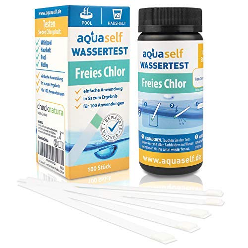 aquaself Wassertester auf Chlor für Pool, Whirlpool und Trinkwasser – 100 Stück Wasserteststreifen in Dose zur Bestimmung des Chlorgehalts im Pool oder Haushalt