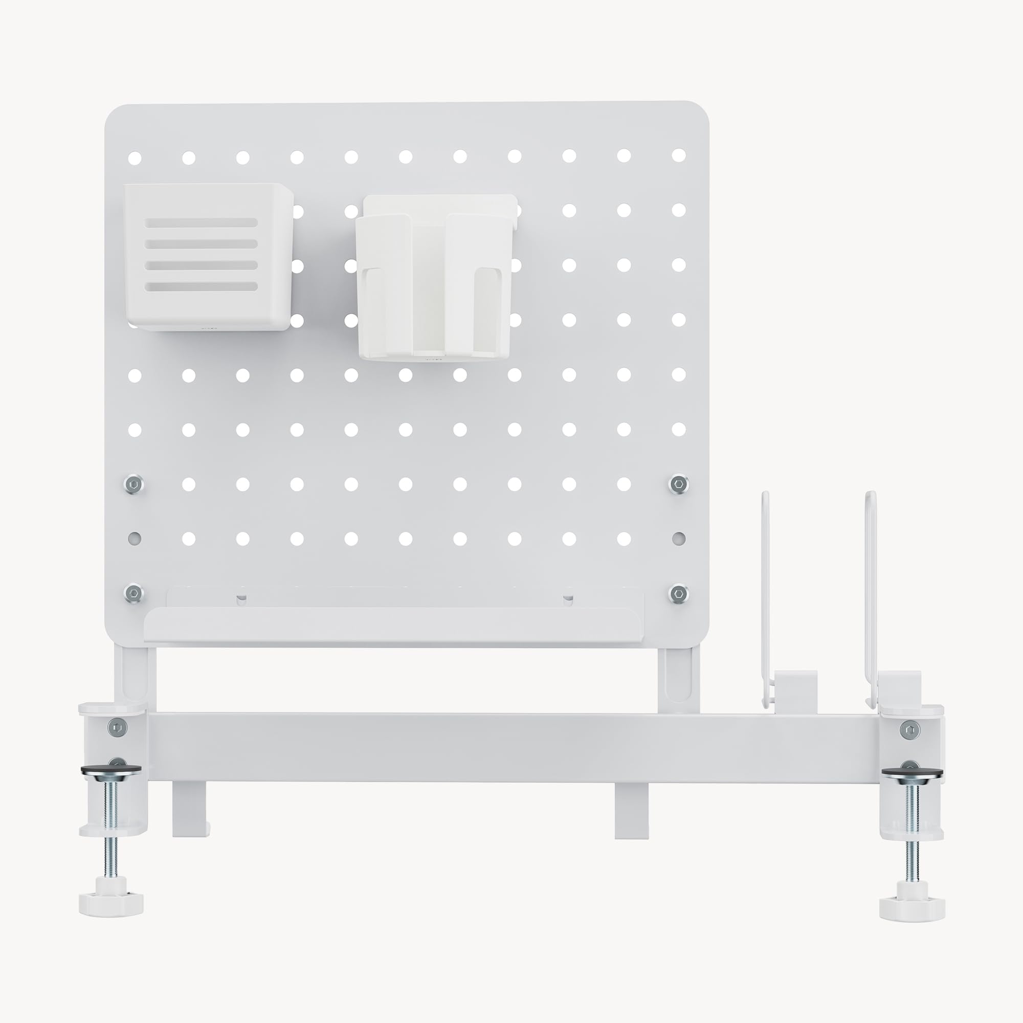 [en.casa] Organizzatore da Scrivania con Morsetti Pannello Forato Organizer Pegboard con Ripiano Flessibile Supporto Libri Porta Bicchieri Penne 50x50 cm per Cameretta Studio Ufficio - Bianco