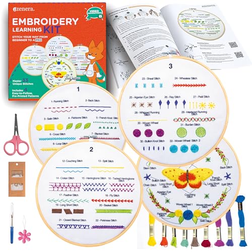 Azenera Beginner Embroidery Kit (4 Pack) Learn 33 Stitches with Easy DIY Video Tutorials, Coloured Design Patterns, Thread Floss, Cross Stitch Hoop, Gift (AZD200)
