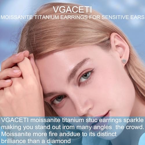 VGACETI Moissanite Stud Earrings in Pure Titanium Heart, G23 Implant Grade Titanium Earrings for Sensitive Ears Hypoallergenic with 0.6ct D Color VVS1 Round Cut Lab Created Diamond Earrings (Heart） by VGACETI - Image 5