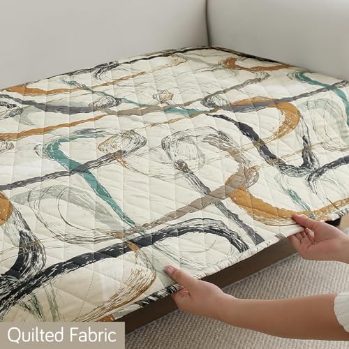 Image of HOKIPO 'Elira Series' Polyester Blend Digitally Printed Water Repellent + Waterproof Sofa Seat Mat for 1 Seater Sofa - Parchement Beige Abstract Art (AR-5241-C6*1)
