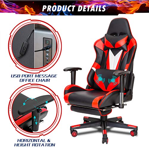 Scurrty Professional Gaming Chair Ergonomic Office Chair Gaming Massage Chair Red Computer Chair for Adults Video PC Chair Racing Reclining Adjustable Computer Gaming Chair with Footrest - Thumbnail 2