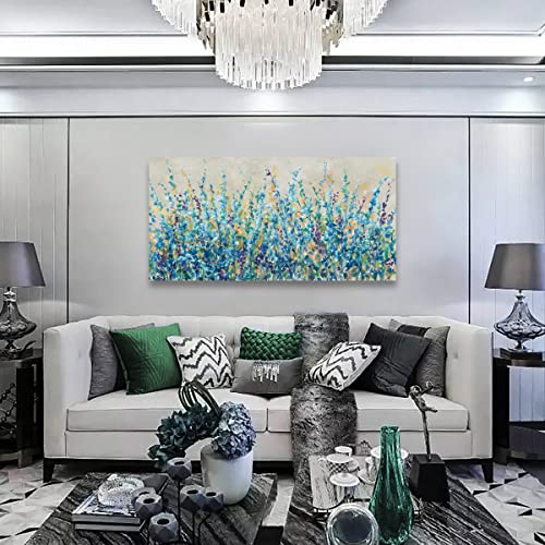 Image of Abstract Floral Canvas Wall Art,Teal Botanical Canvas Pictures Blue Leaf Blossom Spring Painting Wall Decor for Living Room Bedroom Kitchen Home Office Decoration Framed 24 inchX48 inch