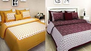 ART WORLD Queen Size Double Bed Sheet with Pillow Covers Pure Cotton Rajasthani Jaipuri Traditional Printed Bedcover Set of 2 (Yellow and Maroon)