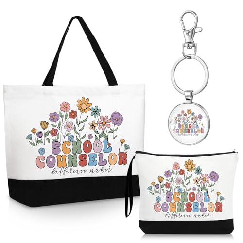 Kacctyen School Counselor Appreciation Gifts Sets Canvas Tote Bag Makeup Cosmetic Bag Teacher Thank You Keychains for Women Employee Coworker Staff