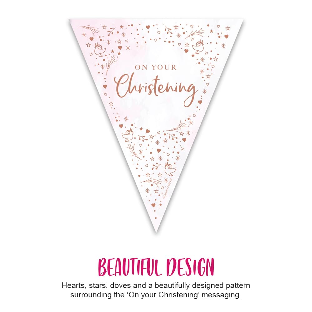 Anniversary House On Your Christening Paper Flag Bunting, Pink Rose Gold - Image 2