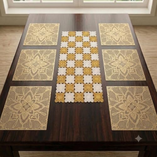 Image of Dakshya Industries PVC Waterproof Square Table Placemats & Table Runner Combo Set | 6 Dining Table Mats (38 x 38 cm) + 1 Runner (91 x 33 cm) | Heat Resistant, Washable, Non Slip (Elite Dining)