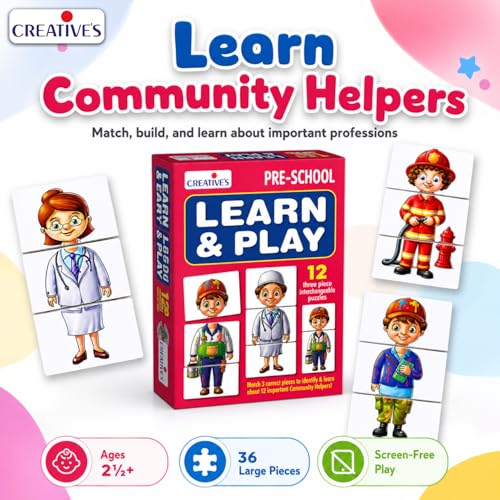 Image of Creative's Learn and Play | Educational Puzzle Game | Learn & Identify & Name 12 Important Community Helpers | Doctor, Painter, Lawyer, Teacher & More | Fun with Learn Game for 2 & Up Kids