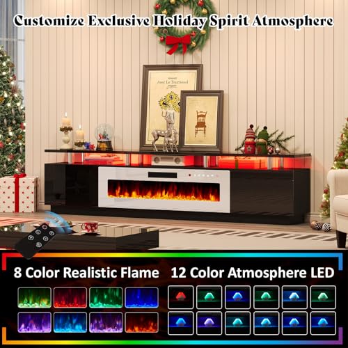 Image of AMERLIFE 90 inch High-Gloss Fireplace TV Stand with 50 inch Electric Fireplace | Black /White LED TV Console, Modern Living Room Entertainment Center, Fits TVs up to 100 inch, 2 Cabinets, 2-Tier Storage Space