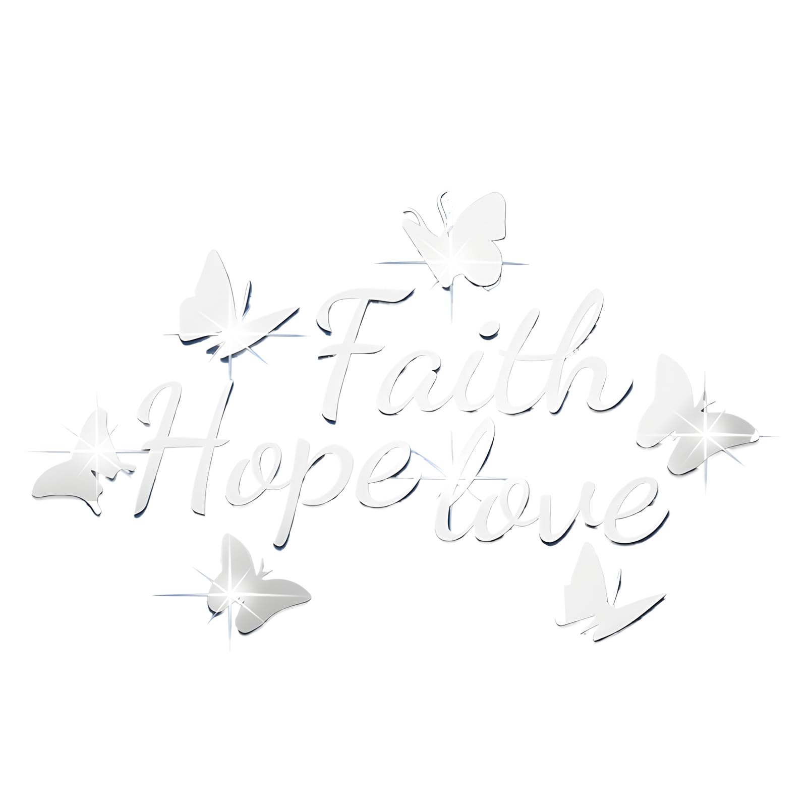 Desuibao Silver Faith Hope Love 3D Acrylic Mirror Wall Decor Stickers, Butterfly Faith Hope Love Wall Decal, Peel And Stick Motivation Letter Wall Sayings Vinyl Lettering Art Quotes For Home Bedroom,