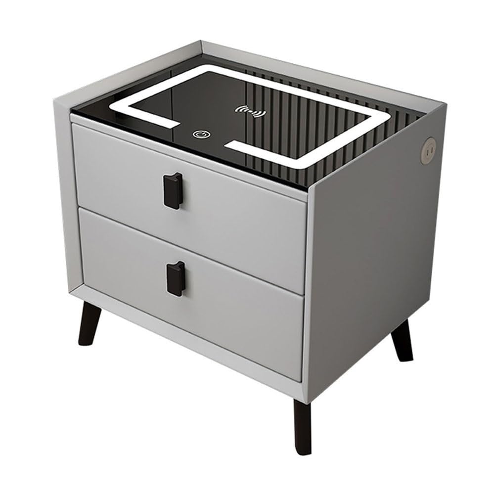 ASerZenith Tempered Glass Top Nightstand With Charging Station,Bedside Tables With Led Lights,W/2 Drawers For Bedroom,Light Gray-50X40Cm