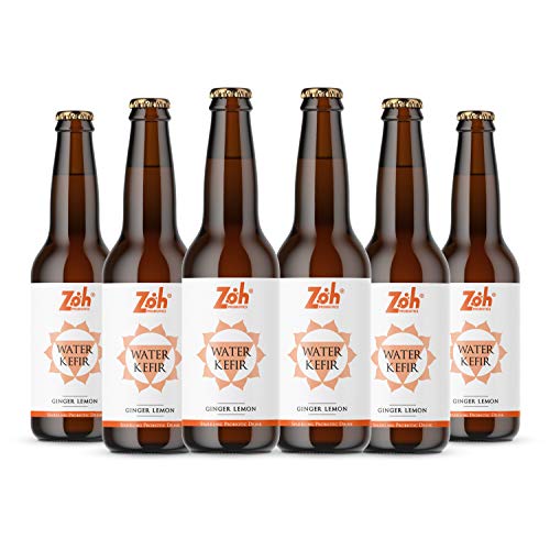 Image of Zoh Probiotics Ginger Lemon Water Kefir | Tea with Living Probiotics, detoxifying acids, and digestive enzymes. Raw, unfiltered, and unpasteurized with Mother. Made with Organic Ginger Lemon, Amla & Tulsi (330 ml, Pack of 6)