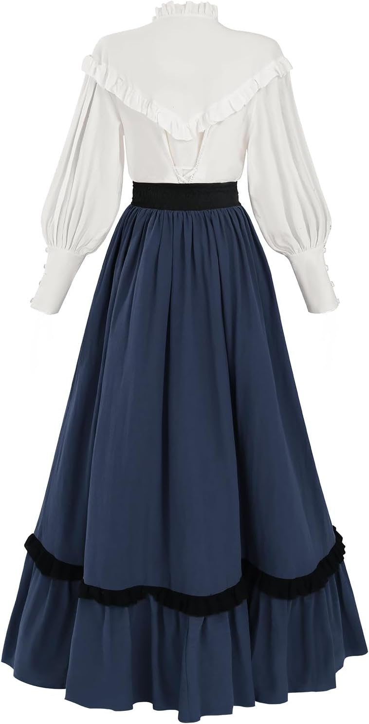 FCCAM Victorian Dress for Women V-neck Edwardian Dress Renaissance Costume with Pockets