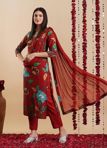 Image of GoSriKi Women's Rayon Blend Straight Printed Kurta with Pant & Dupatta
