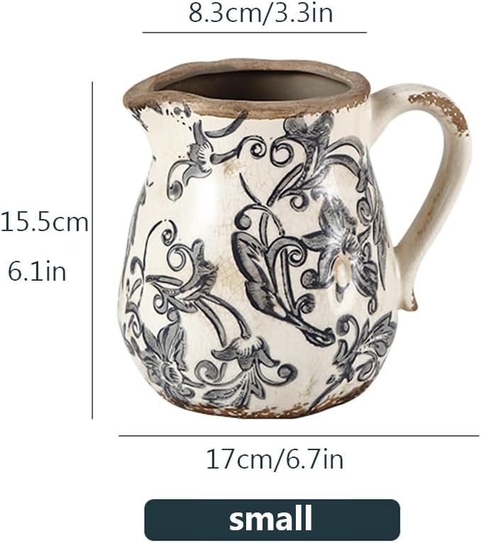 Ceramic Vintage Chinoiserie Floral Vase,Retro Ice Cracked Rustic Ceramic Vases for Home Decor,Farmhouse Decor,Living Room Decor,E1