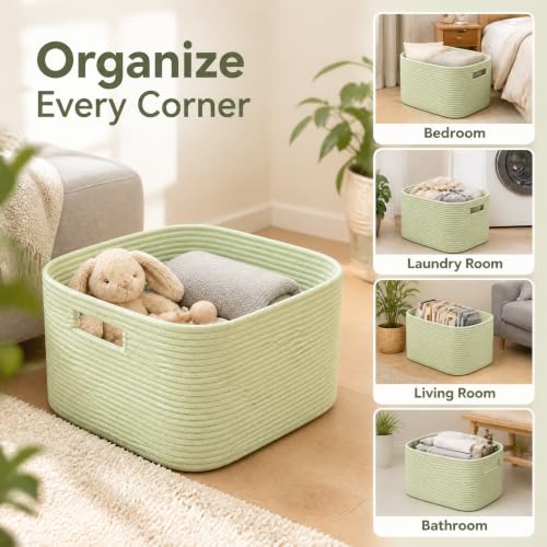 Image of 12.8GAL Small Cute laundry basket for nursery, Boho Square storage basket for Living Room Decor, Kids Girls Boys Toys Stuffed Animal Decorative Short Hamper for Dirty Clothes, Bath Towel Sage Green