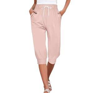 QWENTMTNTY Womens Capri Sweatpants Loose Fit Stretch Casual Workout Cropped Joggers Drawstring Running Pants with Pockets